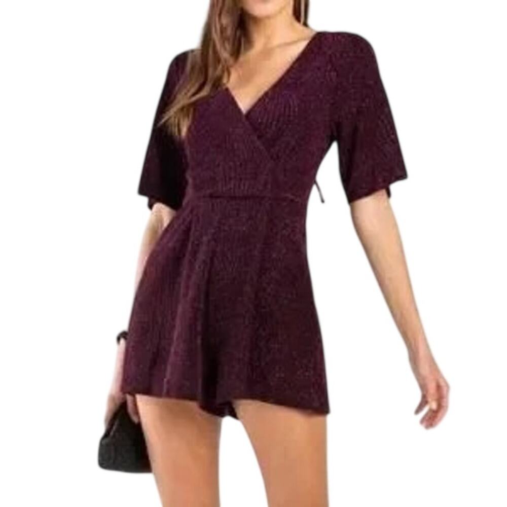 Row A /Nordstroms V-Neck, Short-Sleeve Burgundy Sparkly Romper - L